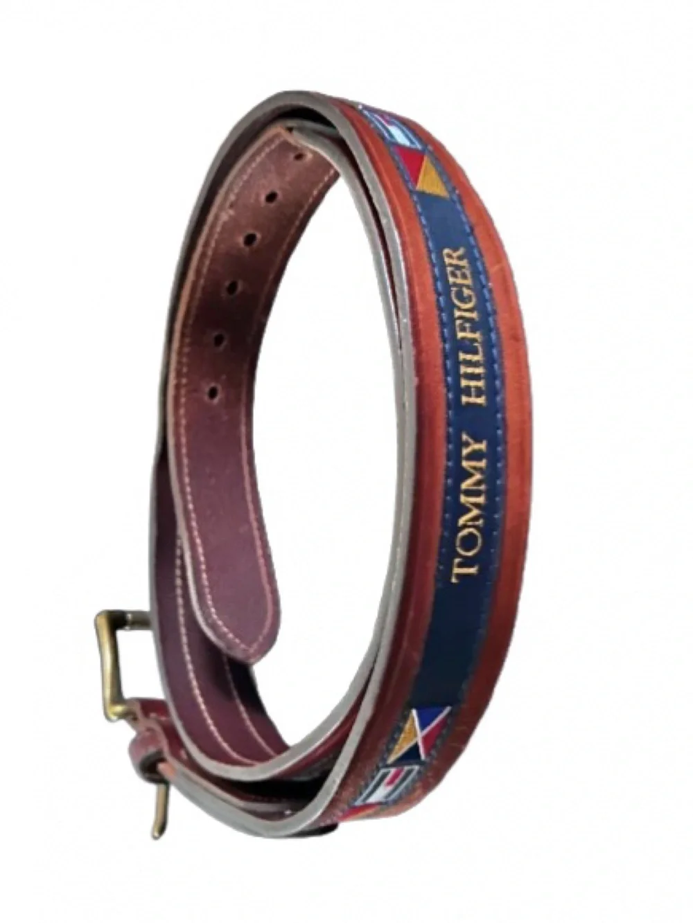 TOMMY HILFIGER L Leather Flag Nautical Belt Brown Large Size 49 Preppy